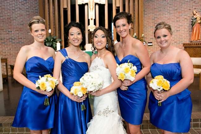Bridesmaids in Various Styles of the Same Dress