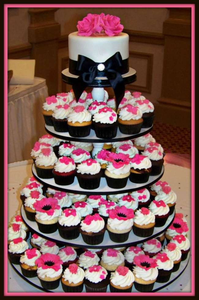 Pink and black cupcake tower