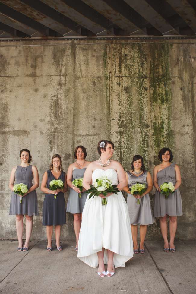 High-Low Wedding Gown & Mismatched Bridesmaid Dresses