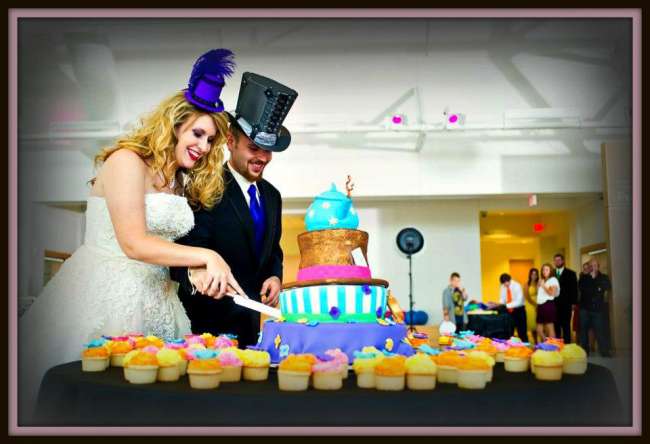A colorful and whimsical wedding cake