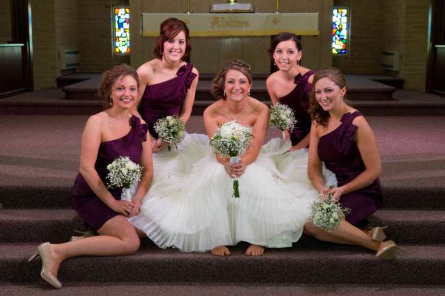 Bride & Bridesmaids With Baby's Breath & White Rose Bouquets