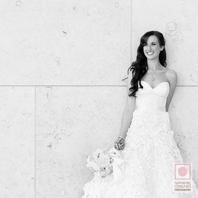 Bride against patterned wall