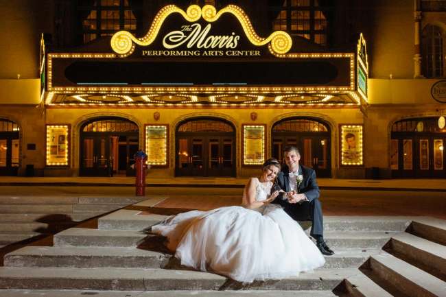 Wedding Couple in front of Morris Performing Arts Center