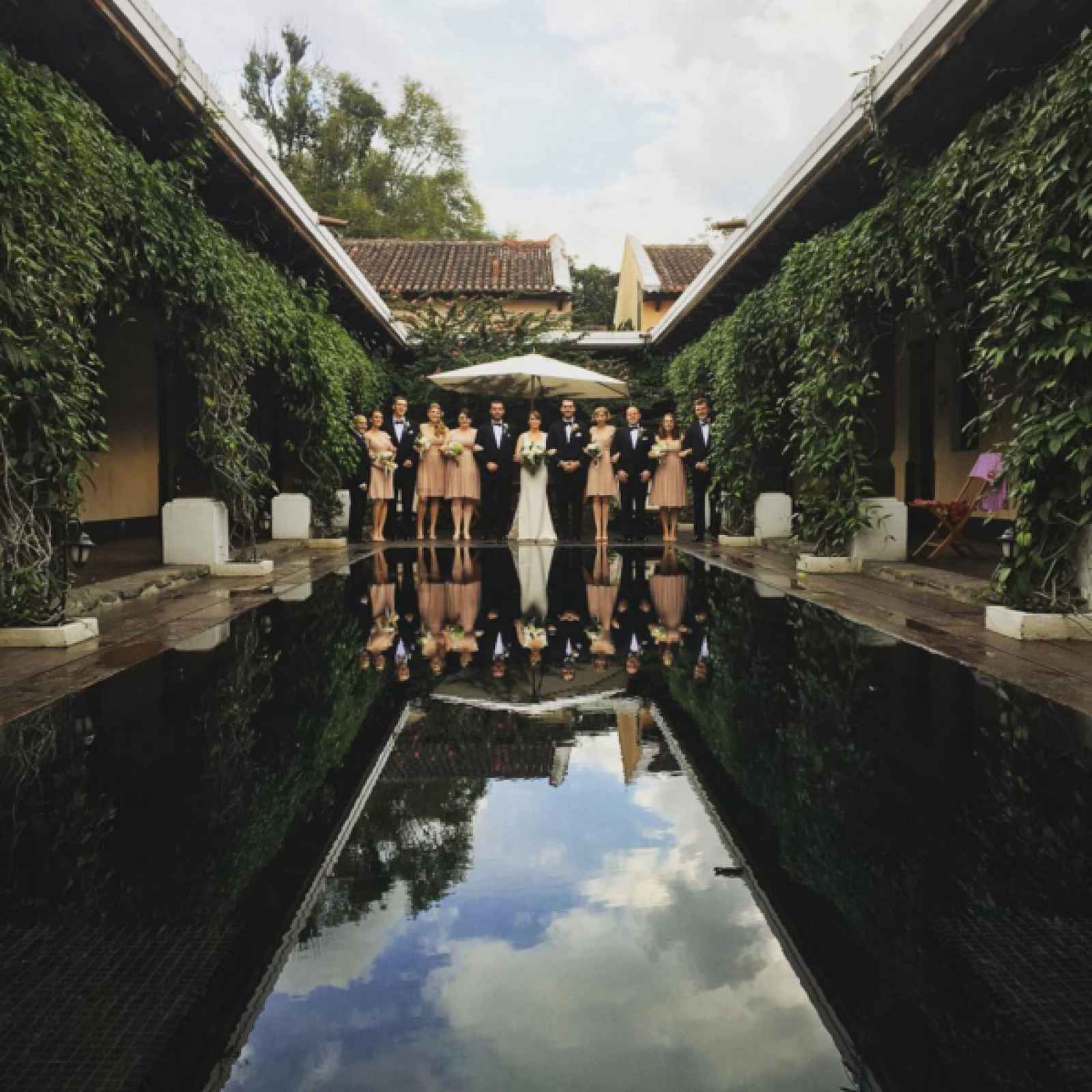 wedding party near pond