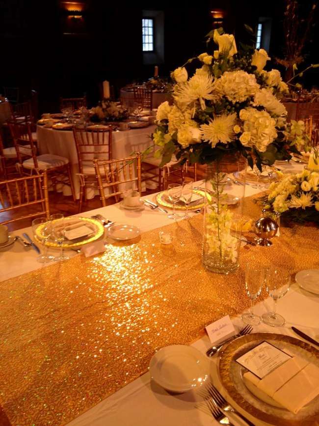 Tall Floral Centerpiece on Gold, Sequin Tablerunner