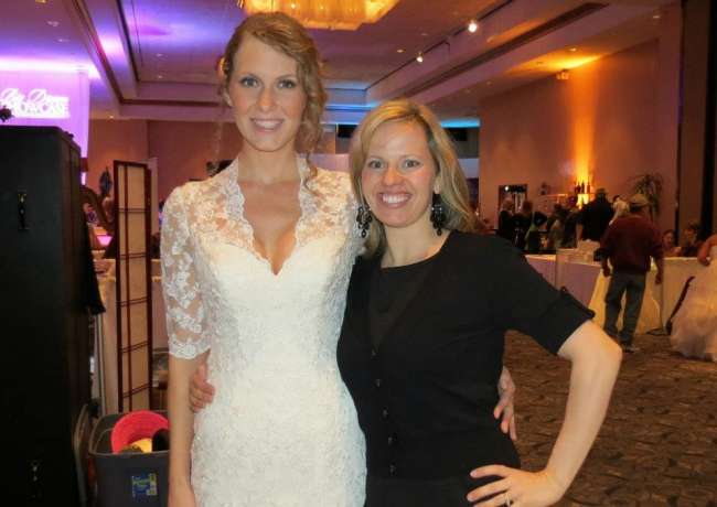 Beautiful bride with v-neck wedding dress