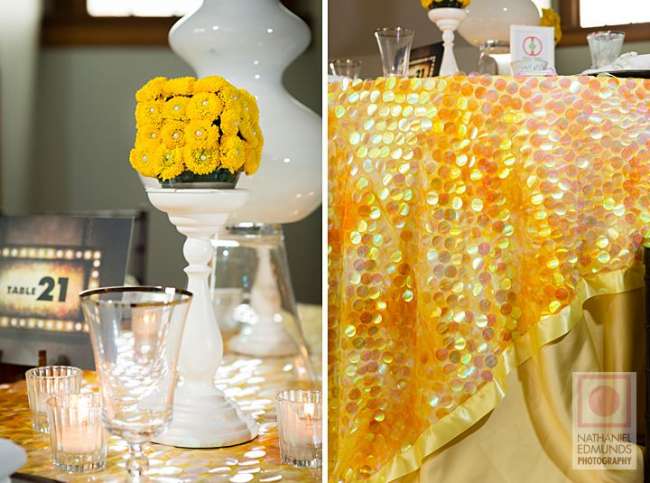 Pop of Yellow Centerpiece & Yellow Sequined Linen