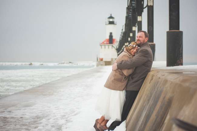 Bride & Groom Embracing on an Icy Winter Day on the Lake