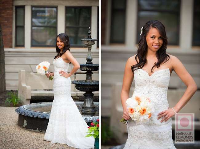 Bride posing near fountain