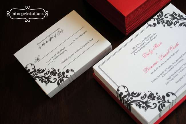 Black and white invites with a red accent