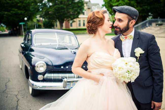 Vintage Bride & Groom With Getaway Car