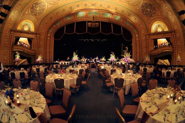 Wedding Reception at historic Morris Performing Arts Center with platforming over theater seats